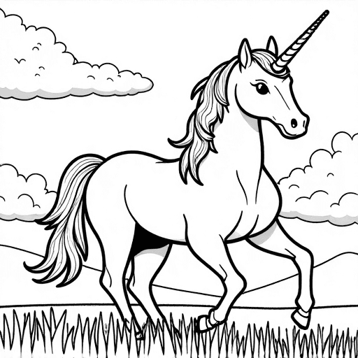A unicorn galloping in an open field under the sunny skies.