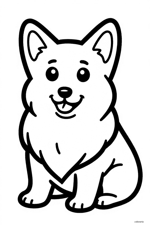 Black and white line art of a corgi sitting, with bold outlines and no background, designed for kids to color