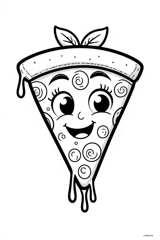 Printable coloring page of a smiling cartoon Margherita pizza slice with melting cheese, tomato slices, and basil, outlined in bold black lines.