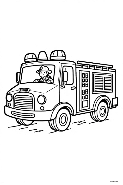 Printable fire engine in action coloring page for kids featuring cartoon firefighter and equipment.