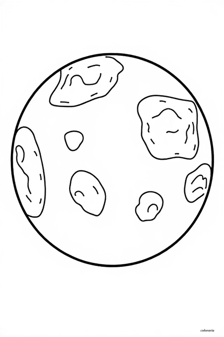 Black and white coloring page of planet Mars with simple craters, bold outlines, no background, suitable for toddlers