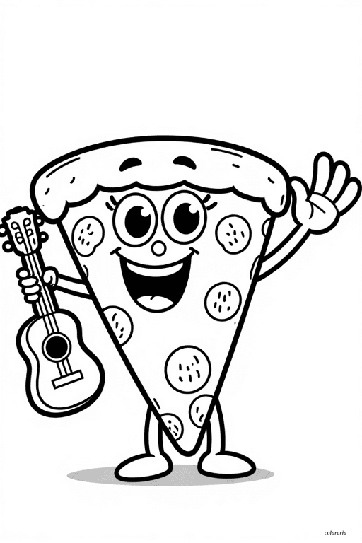 Cute Hawaiian pizza slice with cartoon eyes, big smile, and ukulele - printable coloring page