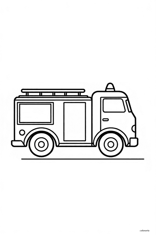 Minimalist side-view fire engine coloring page for toddlers with bold black outlines, basic shapes, large wheels, and a simple ladder.