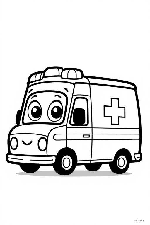 Printable coloring page featuring a cute cartoon ambulance character with big eyes, smiling face, thick black outlines, and a red cross.
