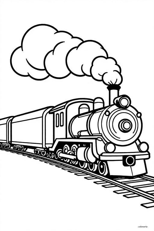 Bold black and white line art of a cargo train with a locomotive and three boxcars, well-defined wheels, no background