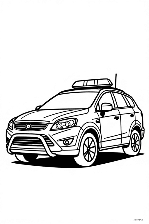 A police SUV for kids to color, bold black outlines, no shading, pure white background