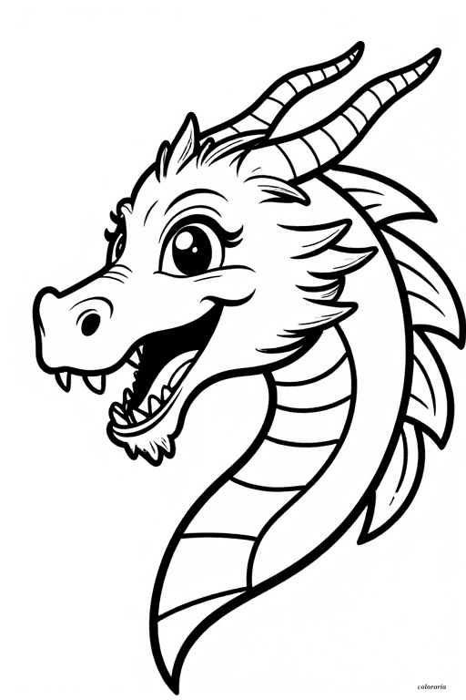 Printable coloring page of a comic-style dragon head roaring, with big eyes and bold black outlines