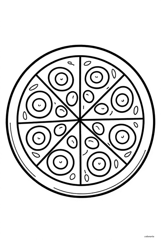 A minimalist Margherita pizza coloring page with bold outlines, divided slices, basic shapes for toppings, ideal for toddlers