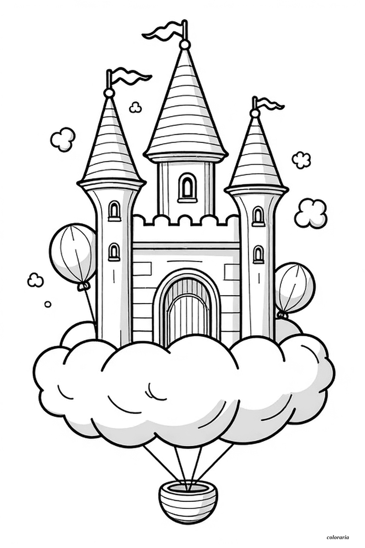 A floating sky castle sitting on a cartoon cloud, decorated with balloons and pennant banners, three-quarters view line art coloring page