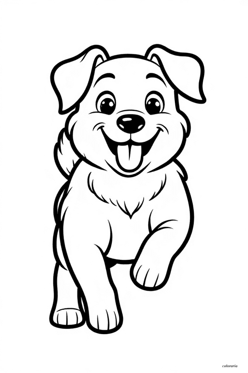 Front view coloring page of a happy dog running with its tongue out, for kids, bold black outlines and pure white background