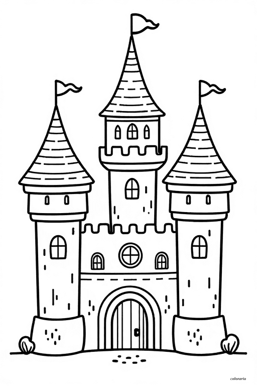 A bold black and white line art of a child-friendly whimsical fantasy castle with simple geometric towers, large doors and windows, for children to color