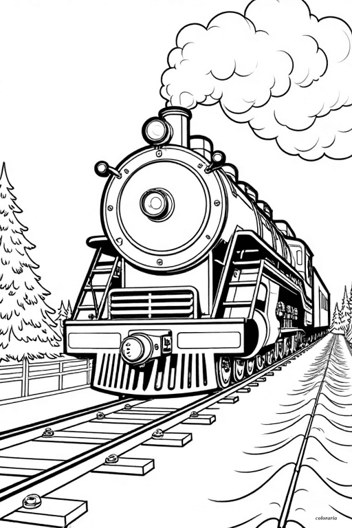 The Polar Express train crossing a snowy bridge, front angle, steam swirling overhead, bold black outlines, printable coloring page