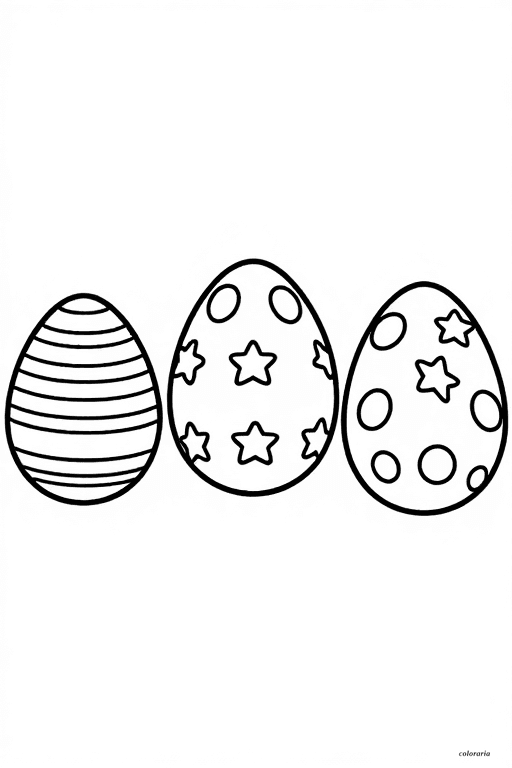 Line art of three Easter eggs with stripes, stars, and circles, bold black outlines, no background, for kids coloring