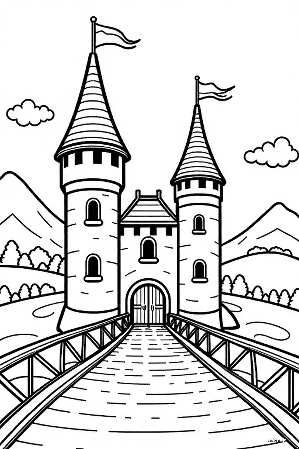 Line art of a medieval fantasy castle with a drawbridge, large entrance, and symmetrical towers for coloring