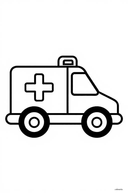Minimalist ambulance coloring page with bold outlines, large wheels, and cross symbol for toddlers