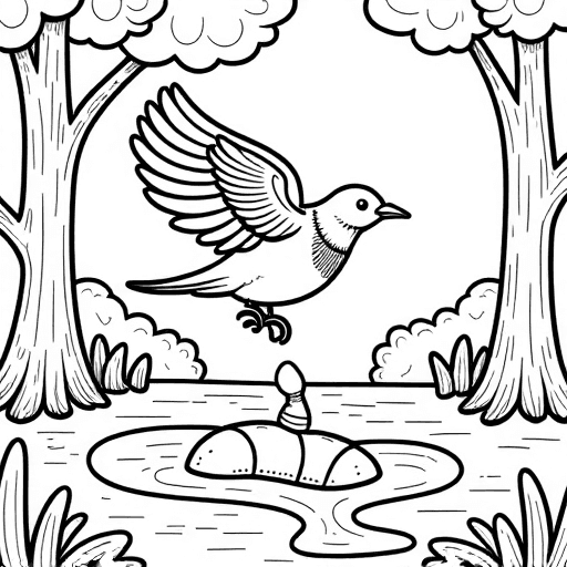 Bird swooping on a worm coloring page