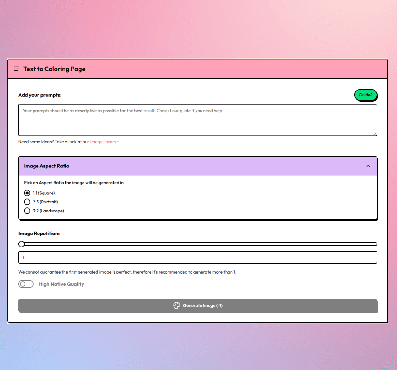 ColorAria Text to Image coloring page generator prompt box