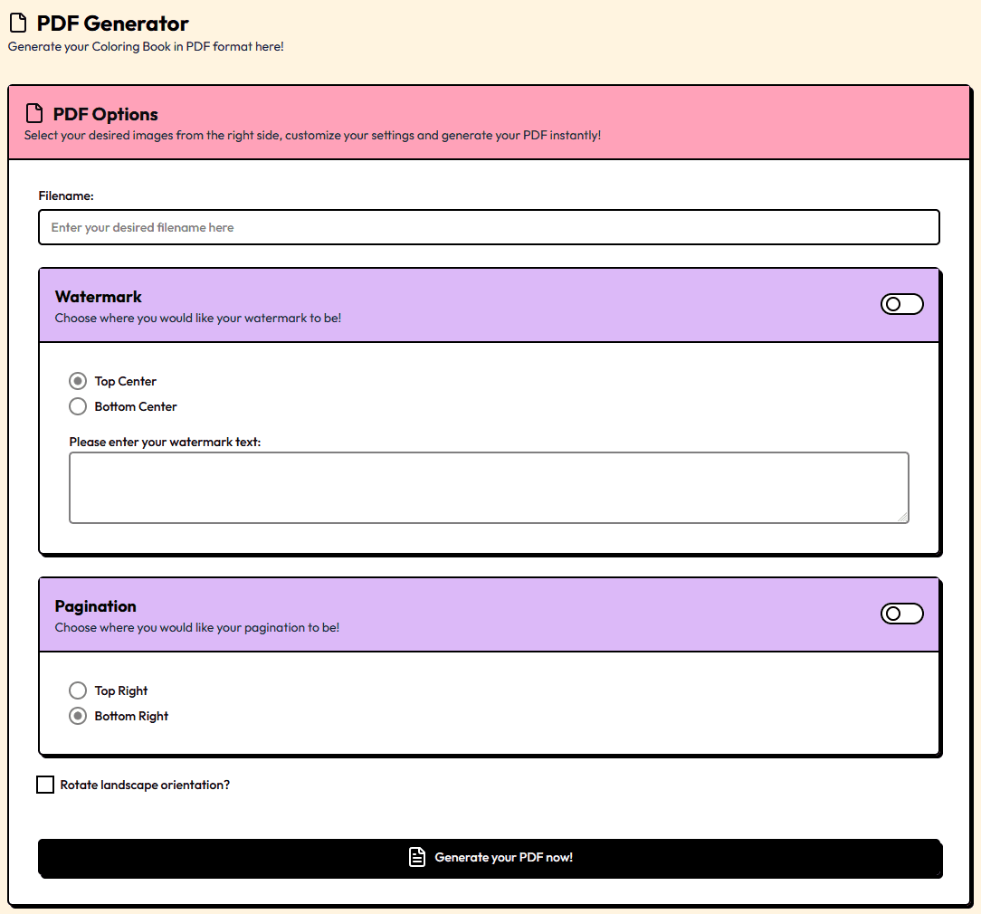 PDF Coloring Book Generator Option Selection