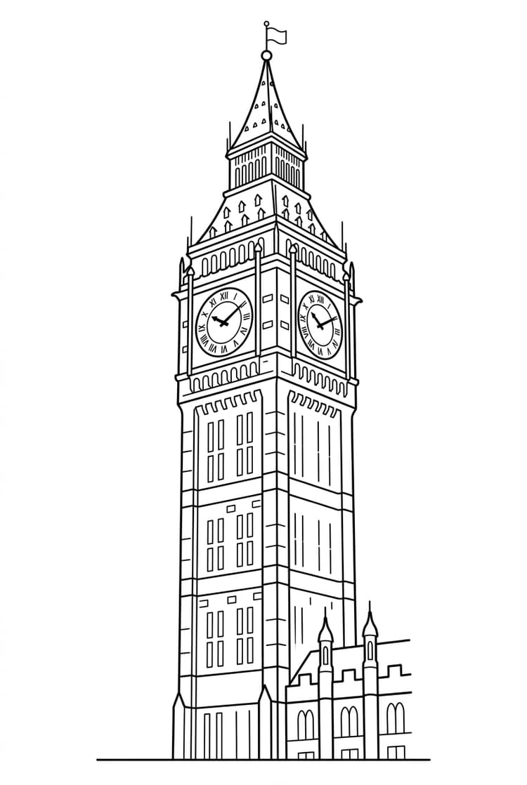 Bold black and white coloring page of Big Ben tower in 3/4 view for kids, high contrast line art