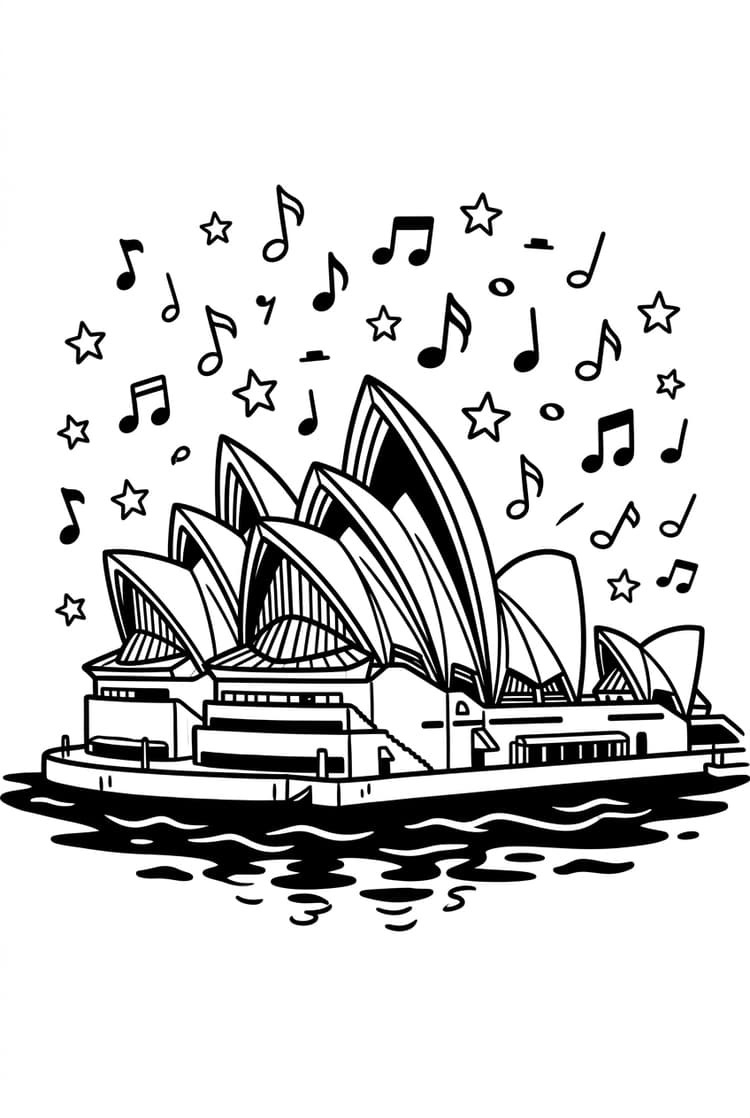 Line art coloring page of the Sydney Opera House at night with musical notes and stars above the sails, for kids