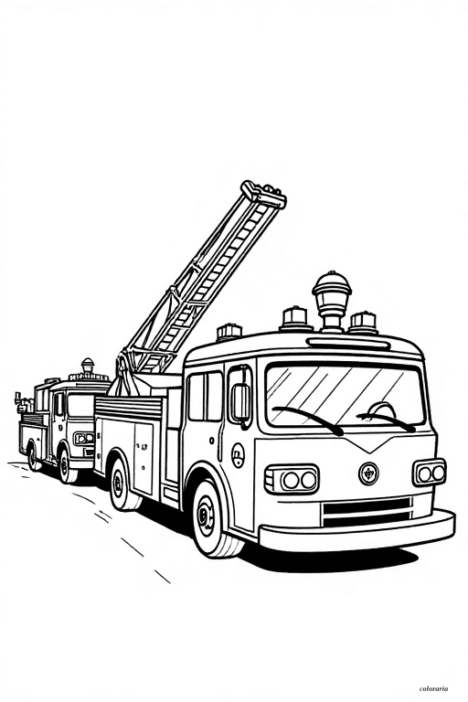 Printable coloring page featuring two fire engines with bold black outlines on a pure white background
