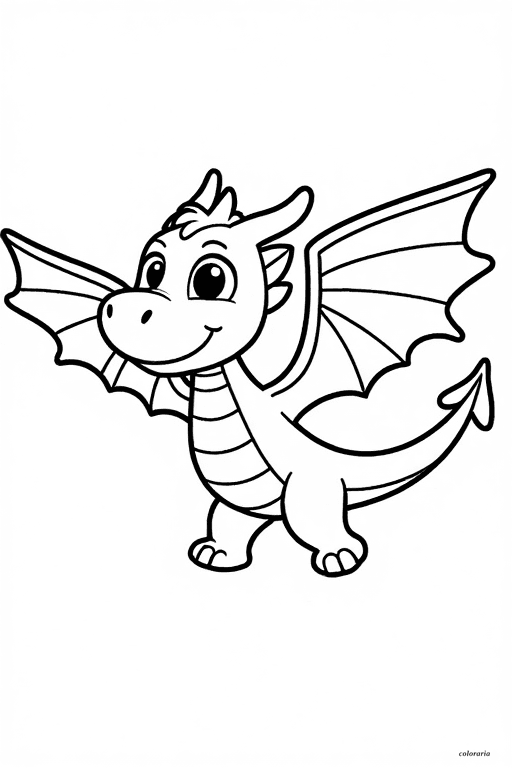 A fun cartoon dragon with outstretched wings and a happy face flying in the sky, outlined for coloring