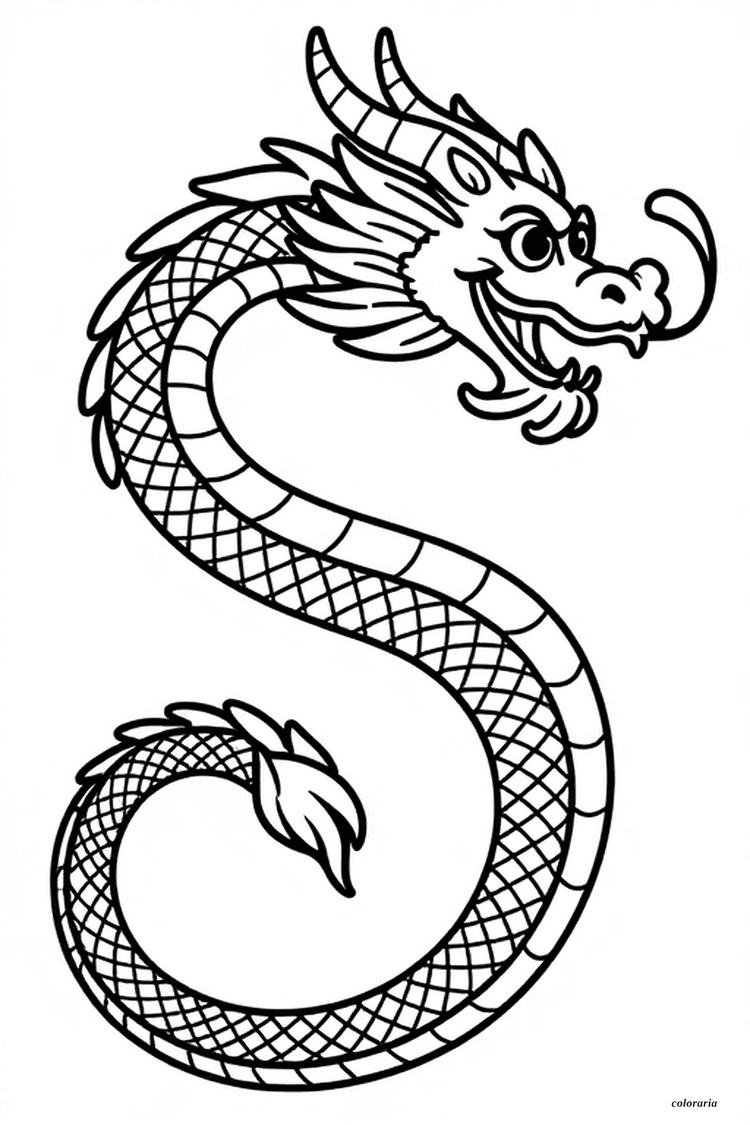 Black and white line art of a stylized Chinese dragon looping in an S-shape, with whiskers, flowing mane, and scales, bold black outlines, pure white background