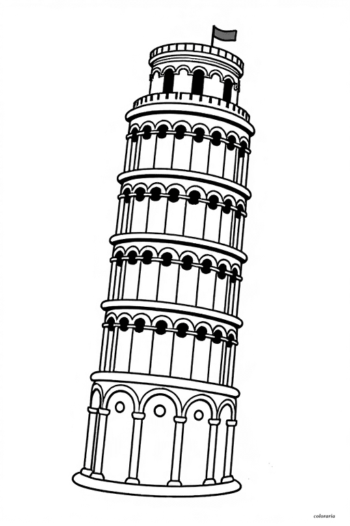 Black and white line art coloring page of the Leaning Tower of Pisa with bold black outlines, no shading, and a pure white background