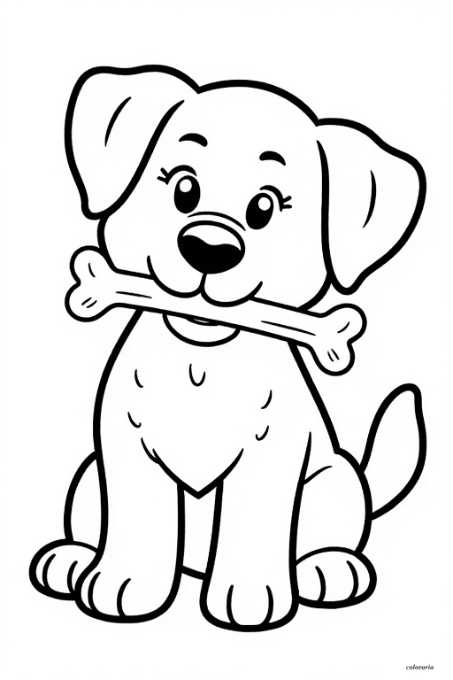 Black and white line art of a puppy sitting and holding a large bone in its mouth, for kids to color