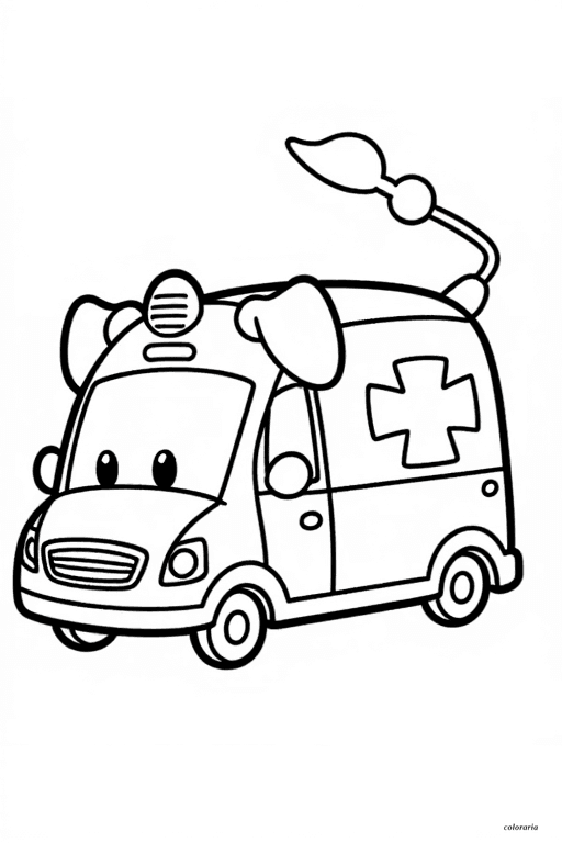 Free printable coloring page of a playful ambulance shaped like a dog with simple details and bold black outlines.