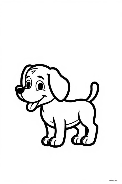 Black and white side profile of a cartoon dog wagging its tail coloring page for kids