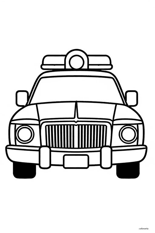 Printable coloring page of a front-facing police cruiser for kids with bold lines and big headlights.