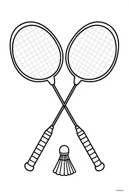 Printable coloring page with two crossed badminton rackets and a shuttlecock for kids