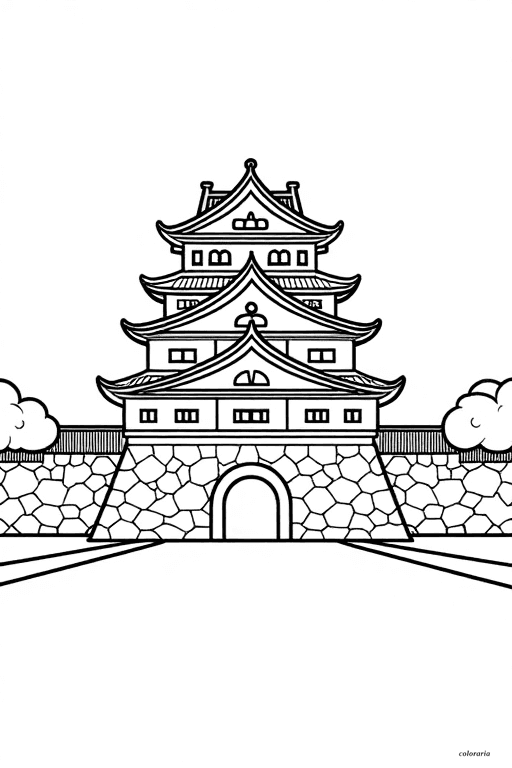 Black and white line art of Edo Castle Main Gate for coloring, with intricate architectural details and bold outlines.